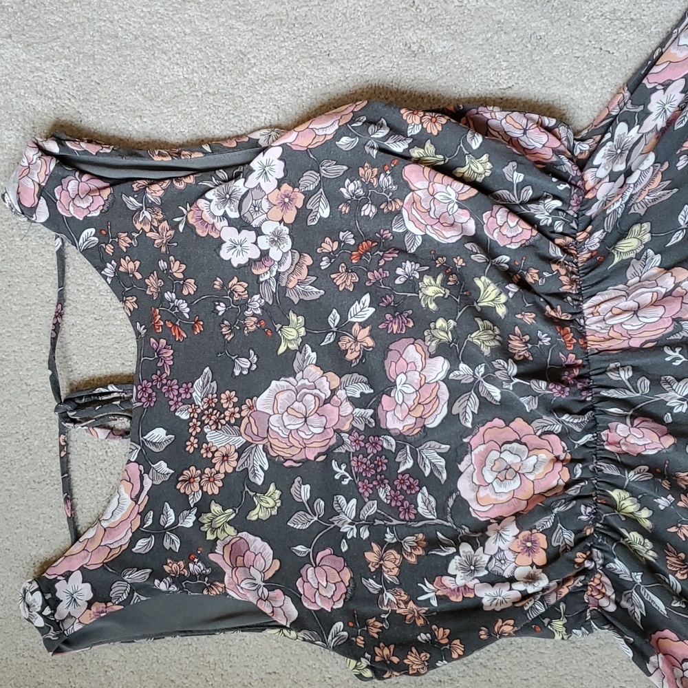LOFT Gray Floral Midi Dress with Pink Roses - Picture 2 of 5